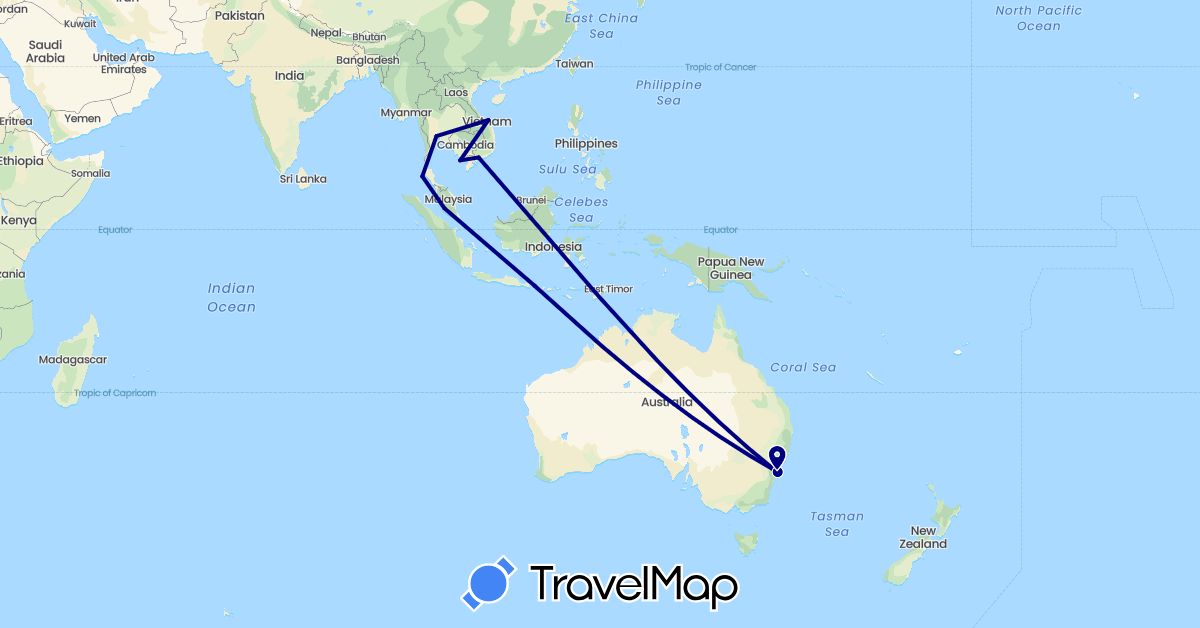 TravelMap itinerary: driving in Australia, Indonesia, Malaysia, Thailand, Vietnam (Asia, Oceania)